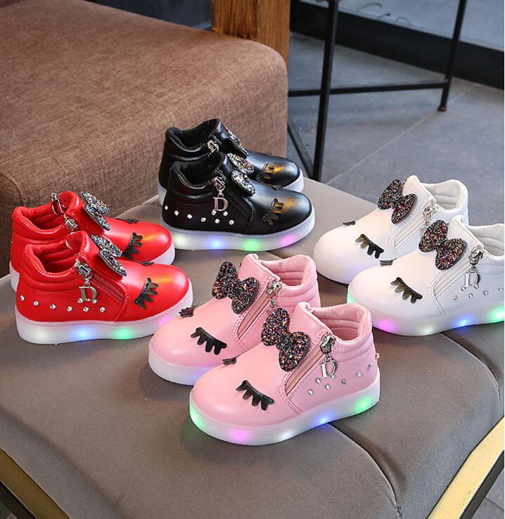 

Kids Baby Infant Girls Crystal Bowknot LED Luminous Boots Shoes Sneakers Butterfly knot diamond Little white shoes, Black