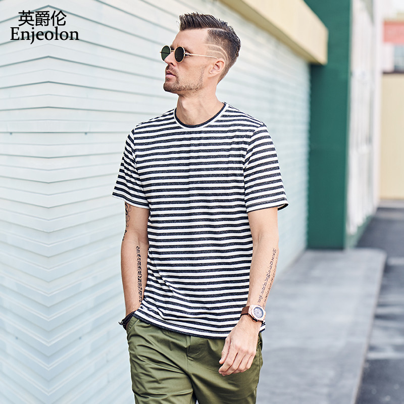 

Enjeolon T shirt Men Summer O-neck Short Sleeved Casual Black Striped Blue Cotton Male Top Tee Shirt Plus Size T8188