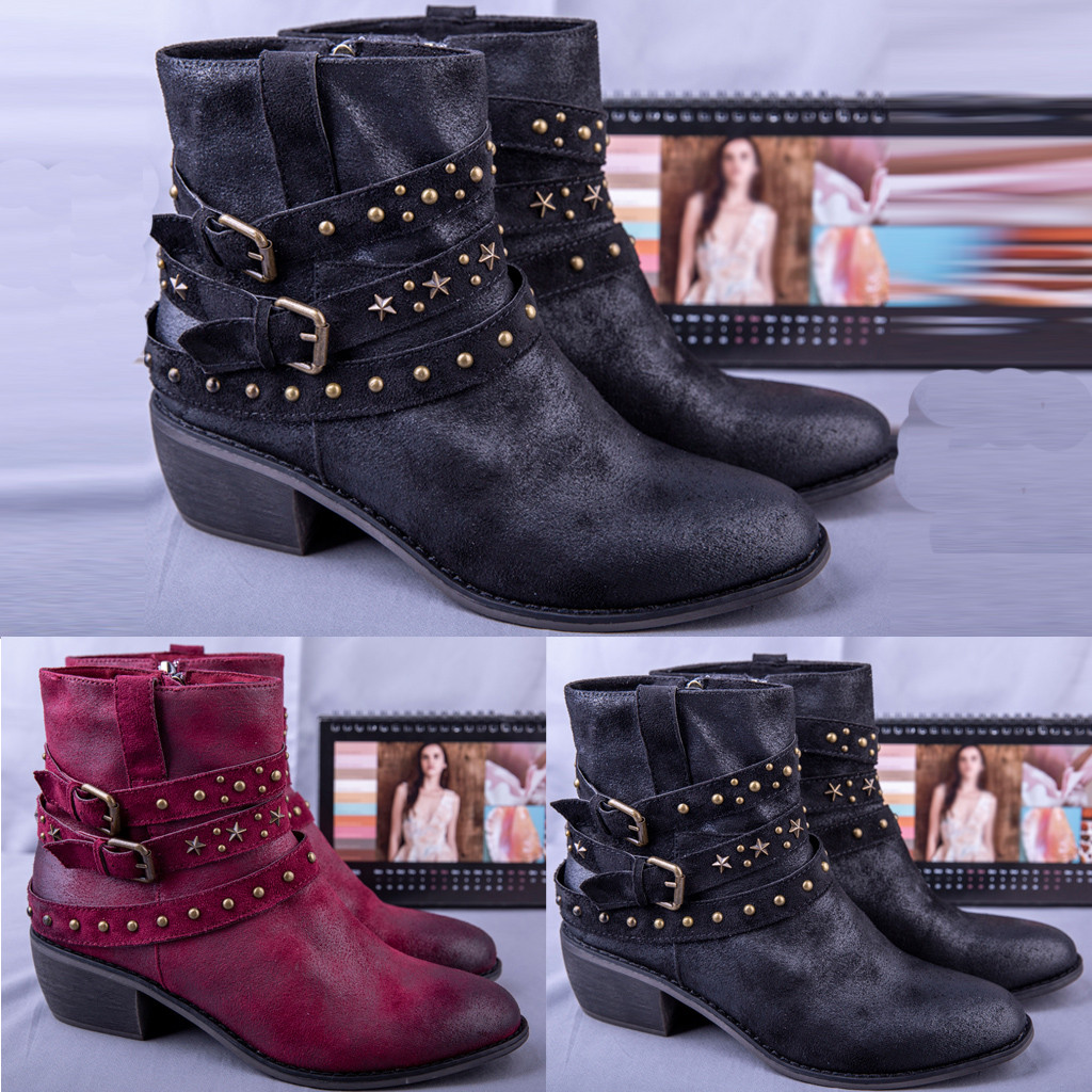 

Buckle Strap Winter Boots Women's Flats Round Toe High-Heeled Rivets Casual Shoes Puppy Heel Ankle Boots Hiking Snow, Black