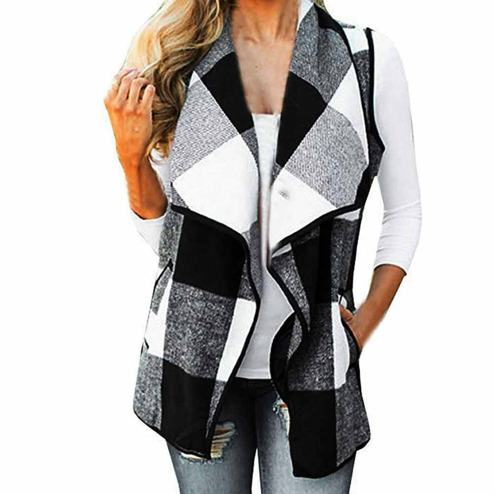 

Stylish Bar 2019 Womens Autumn Vest Plaid Sleeveless Lapel Open Front Cardigan Sherpa Jacket Pockets #0524, Red