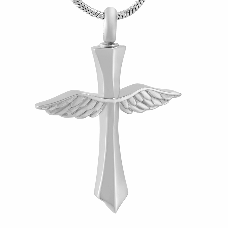 

IJD8654 Stainless Steel Angel Wings Cross Urn Pendant Necklace Memorial Ash Keepsake Cremation Jewelry, Free Filling Kit
