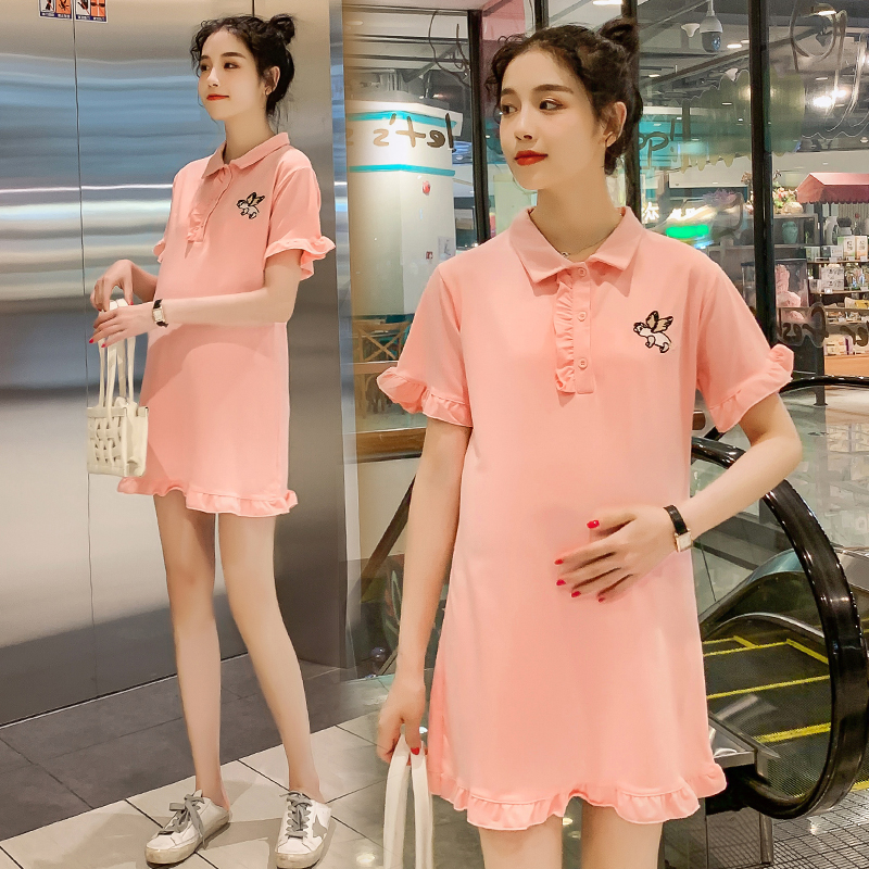 

809# Maternity Dress Summer Short Sleeve fashion Turn Down Collar Loose Stylish Dress for Pregnant Women Mom, The picture color