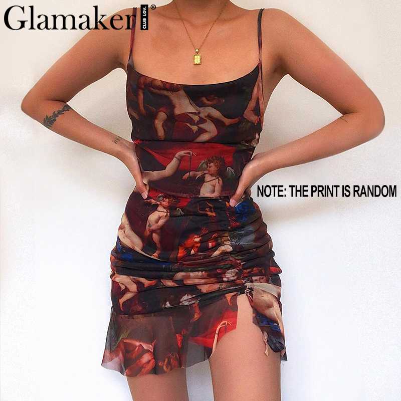 Glamaker Sexy mesh print short black dress Women pleated backless sleeveless beach dress Elegant party club vintage robe