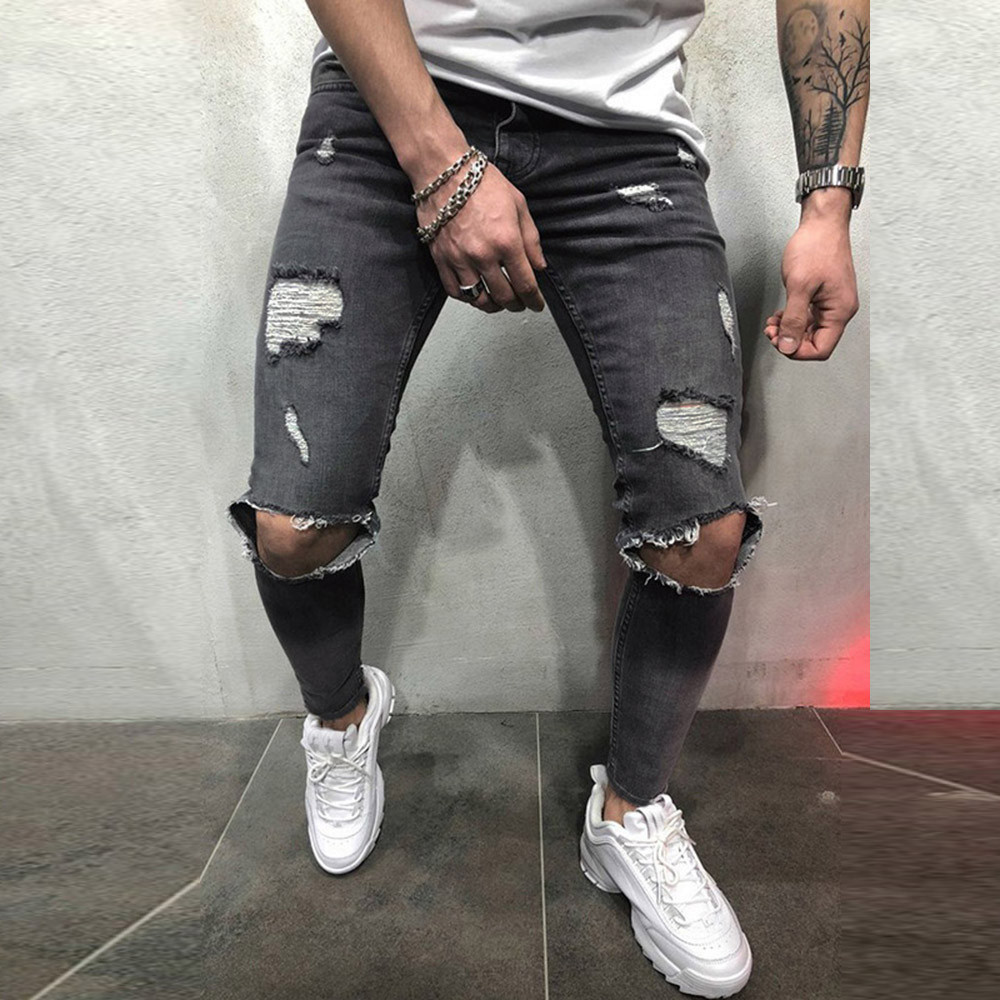 

Mens Skinny Stretch Denim Pants Distressed Freyed Slim Fit Jeans Trousers 2019 Male Stretch Ripped Streetwear Jeans masculina#D, Black