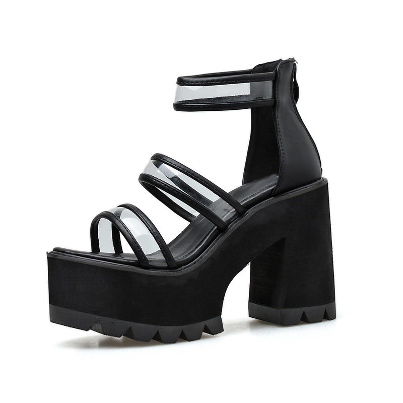 

chunky heel sandals punk shoes Sandals High Heels Platform Women Summer Shoes sandalias romanas women's YMB111, Black