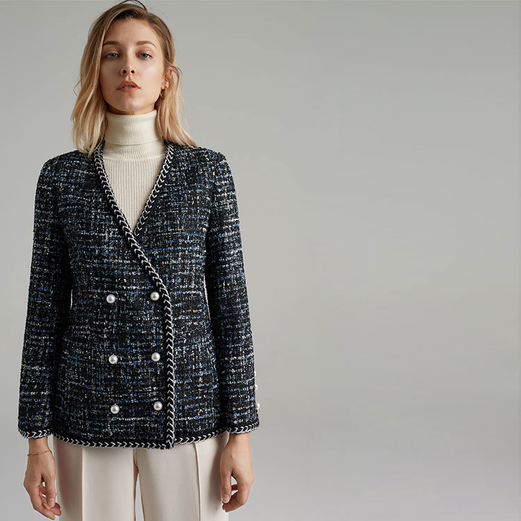 

Women Plaid Wool Tweed Jacket Fashion Double Breasted Wool Coat Elegant Vintage Short Office Work Jacket Casual Korean Coat, As pic