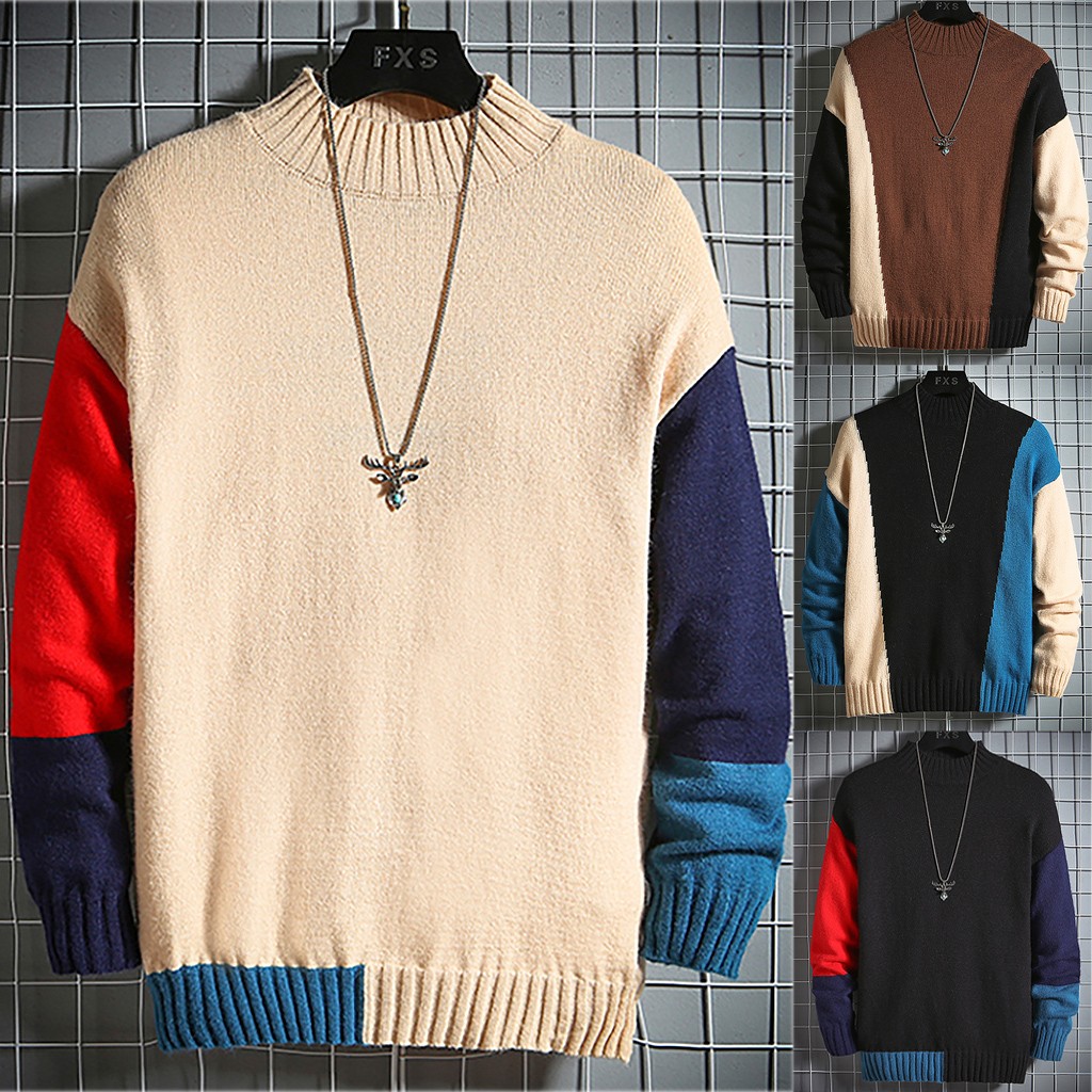 

2019 NEW Men's Winter Patchwork Casual Long Sleeve Printed Knitting Blouse Top Sweater Luxury, Black