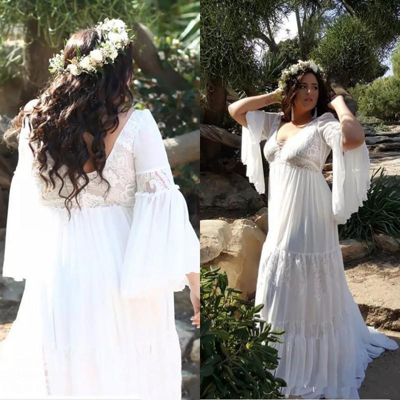 Setwell Décolleté en V A-ligne Robes de mariée sexy dos nu 3/4 manches longues en dentelle longueur de plancher de mariée Appliques Robes