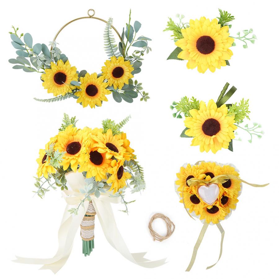 

Sunflower Wedding Supplies Bridal Artificial Bouquet Ring Pillow Flower Brooch Round Wreath Set, Yellow