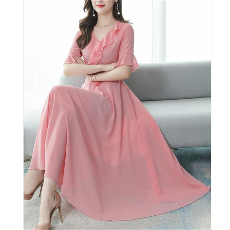 

Chiffon dress 2020 Korean summer new fashion V-neck flared sleeves Slim was thin temperament big swing dress, Black