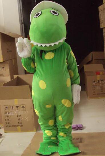 

2020 factory sale hot white hat Green Dinasaur Fancy Dress Cartoon Adult Animal Mascot Costume free shipping, As pic