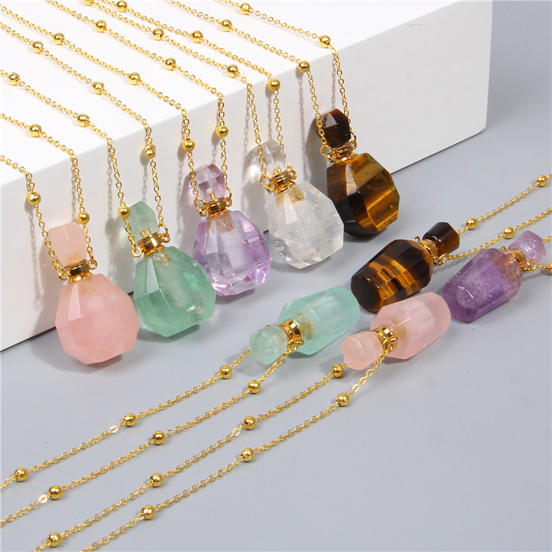 

Natural gems stone perfume bottle necklace Essential Oil Diffuser Pendant Tiger Eye amethysts heart shape jewelry charm