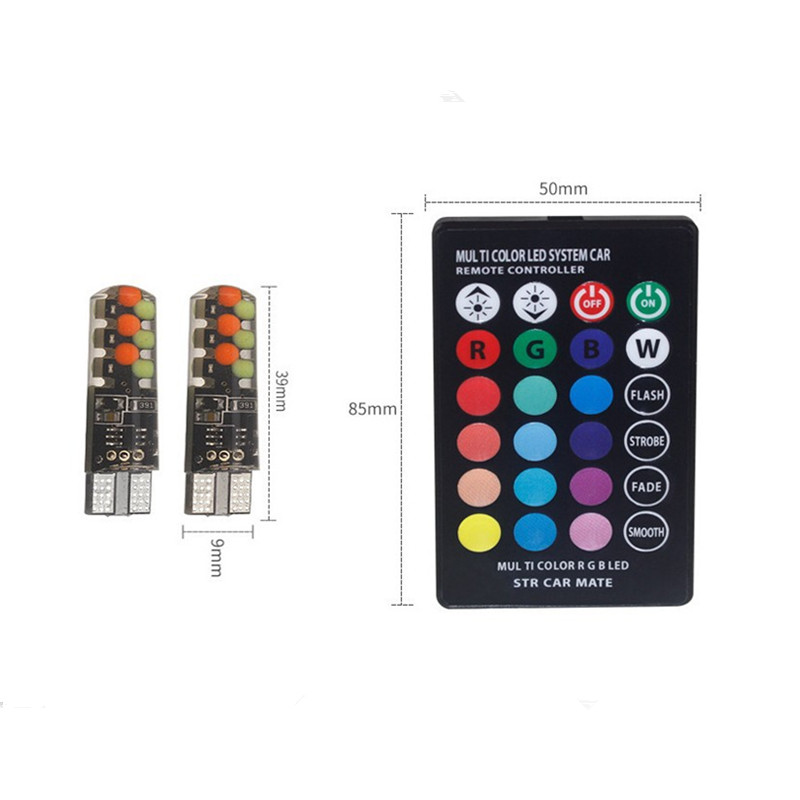 

2pcs T10 W5W RGB LED Bulbs With Remote Control 12Chips COB Silicone Shell Strobe Flash Auto Reading Lamp Wedge Car Parking Light, As pic