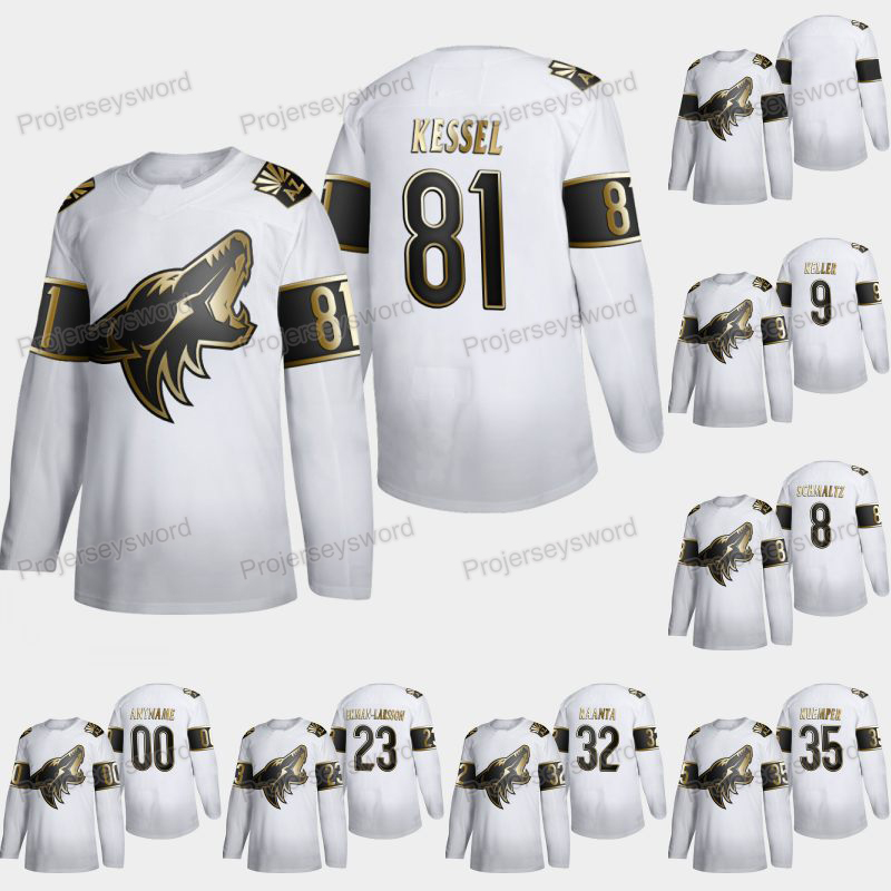 

Arizona Coyotes Phil Kessel Golden Edition White Jersey Nick Schmaltz Clayton Keller Nick Schmaltz Antti Raanta Darcy Kuemper Hockey Jerseys, Black;red