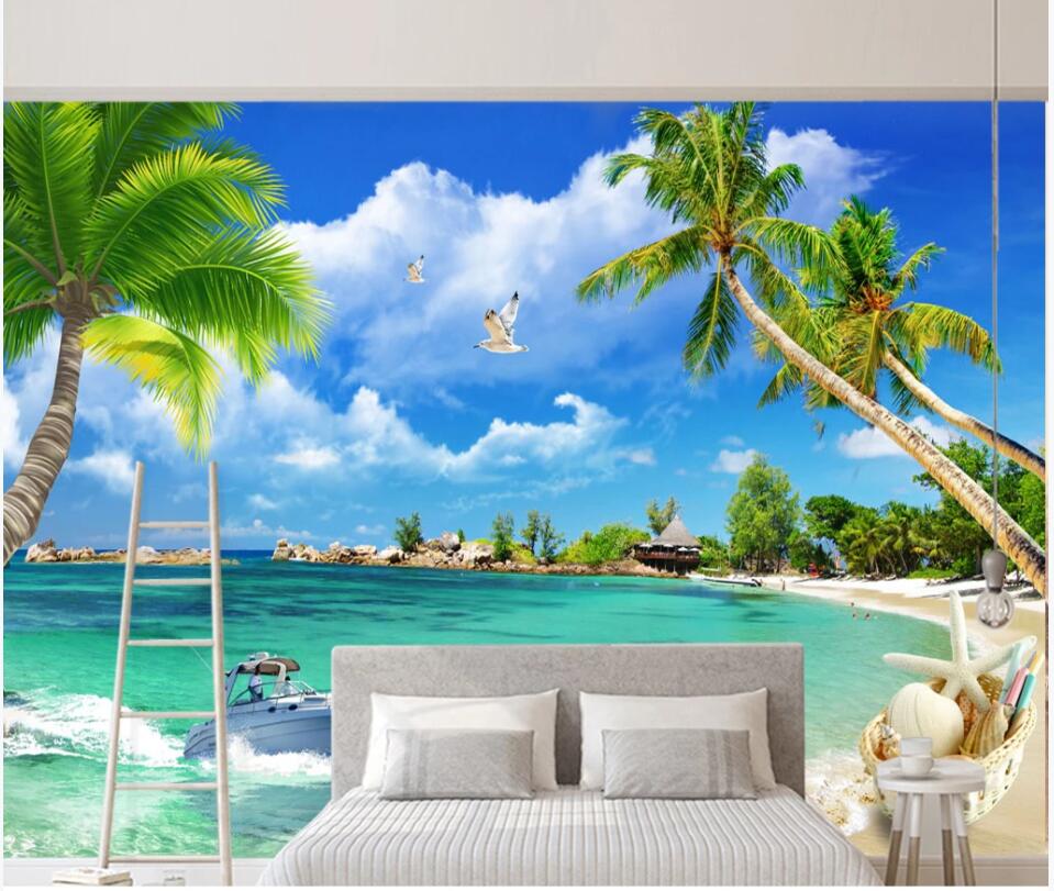 

WDBH 3d wallpaer custom photo mural Blue sky and white cloud beach seascape coconut tree natural scenery decor room wallpaper for walls 3 d, Non-woven