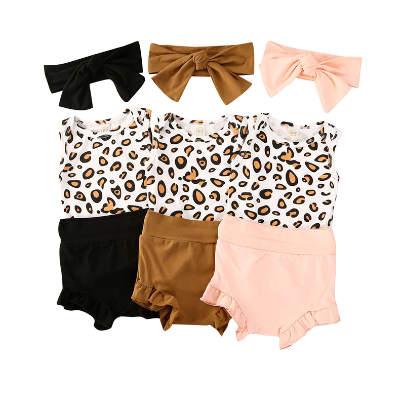 

Baby Girls 3-piece Clothes Newborn Kids Sleeveless Leopard Print Romper Top + Tutu Shorts + Headband Set, Black