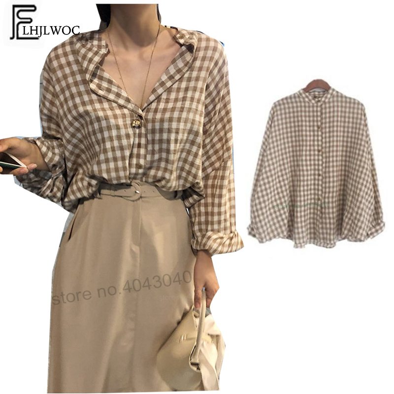 

Cute Sweet Tops Women Fashion Temperament Lady Korean Design Boyfriend Blouses Shirts Cute Girls Button Plaid Loose Shirts 832, Khaki