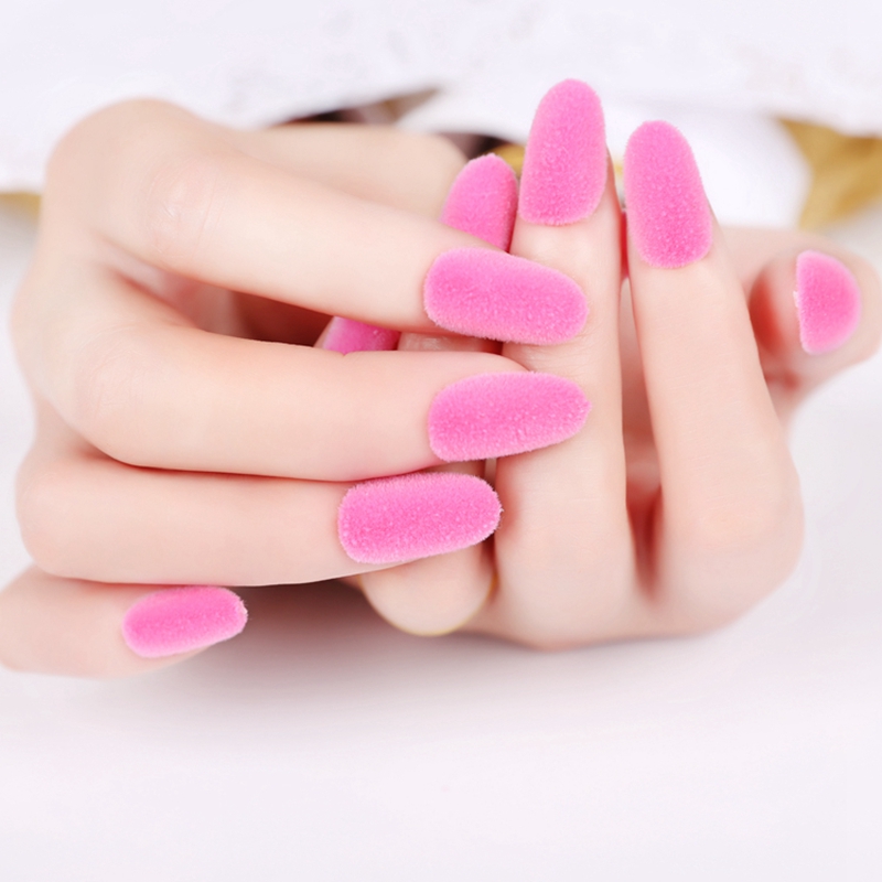 

Sexy Matte Pink Acrylic Fake Nails Fluffy Velvet Flocking Decoration False Nail 24pcs Kit Z414, White
