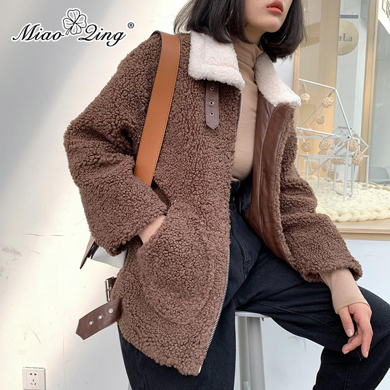 

MIAOQING 2018 Women Fur Parka Winter Coat Lambswool Oversized Jackets Terry Teddy Coats Korean Streetwear Biker Jacckets Clothes, Beige