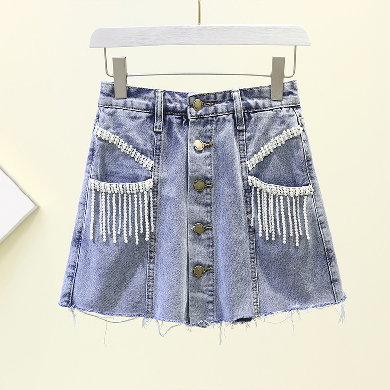 

Women Shorts 2019 Summer A Line High Waisted Denim Shorts Single-breasted Fashion Pantskirt Pearls Bead Tassel Vintage Culottes, Light blue