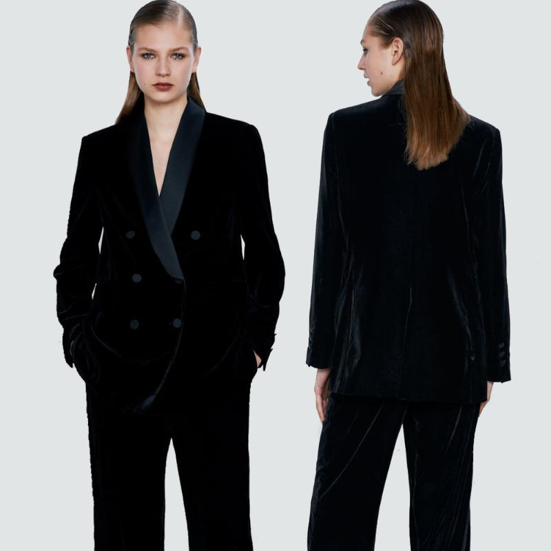 

Spring Velvet Women's Black Blazer Lapel Long Sleeve Front Flap Pockets Back Hem Split Double Breasted Blazer