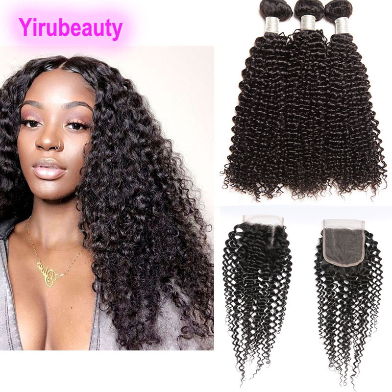 

Brazilian Human Hair Kinky Curly 3 Bundles With Lace Closure 4X4 Baby Hair Middle Three Free Part 4PCS, Natural color