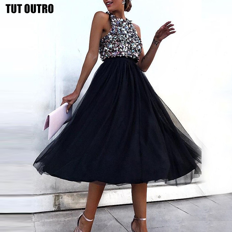 

Vestido Women Colorful Sequins Dress Sleeveless Party Evening Halter Dress Ladies Summer, Black