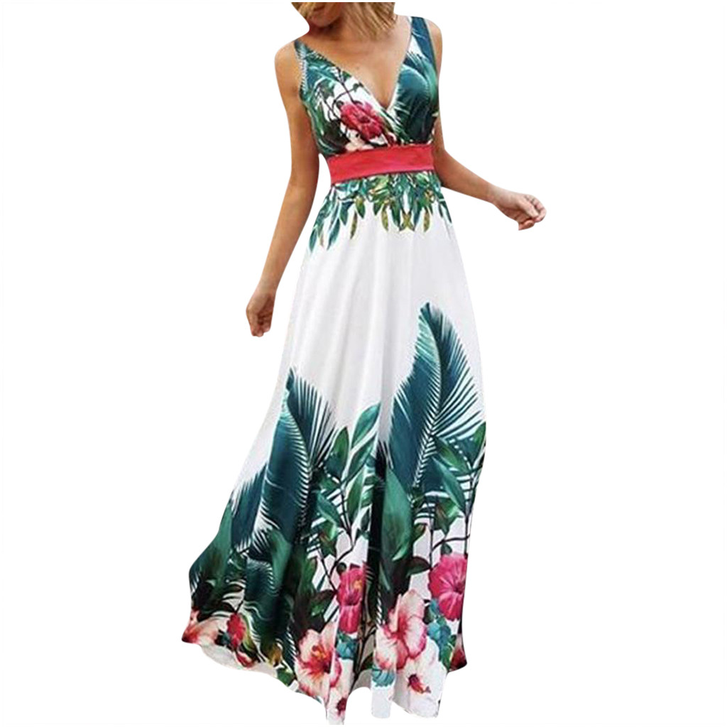 

FREE OSTRICH Dress Women Sleeveless Waist Print Bohemian Loose Green Expensive Simple Dignified Noble Popular Long Dress Summer