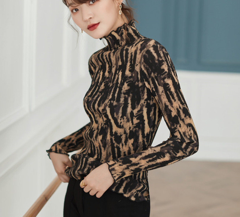

Leopard Print Blouse Women Long Sleeve Turtleneck Goffer Ladies Top Blouses Woman 2020 Vintage Clothing P013, As pic