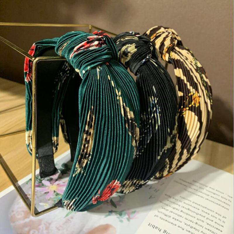 

New Fashion Women Hairband Wrinkled Headband Striped Floral Hair Band Turban Adult Center Knot Handmade Hair Accessories