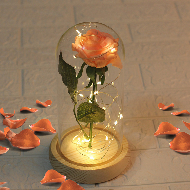 

Rose Flower And LED Light String In Glass Dome On Wooden Base The Best Gift For Women(Battery Not Included) Valentine's Day