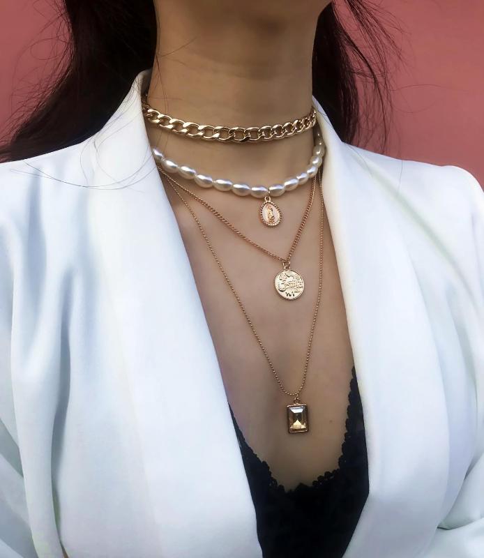 

Hip Hop Multi-layer Imitation Irregular Pearls Chain Metal Beads Line Lock Chain Necklace for Women Jewelry 4 color pearl
