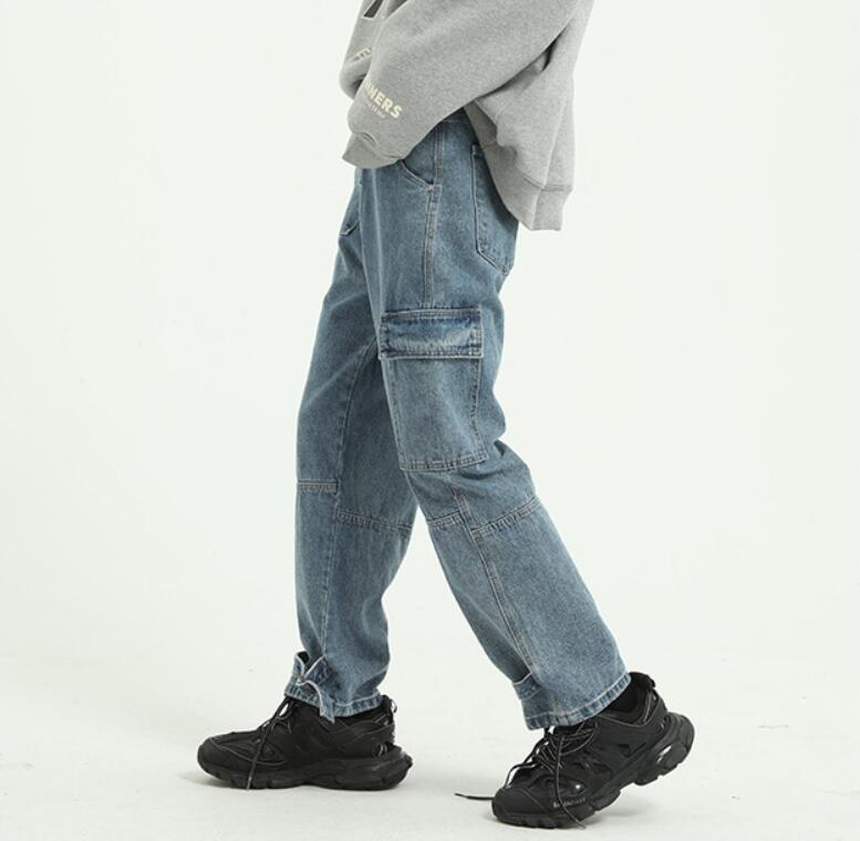 

Men Multi-pocket Casual Denim Cargo Pant 2020 Male Japan Fashion High Street Hip Hop Loose Straight Jeans Man Trousers w864, Blue