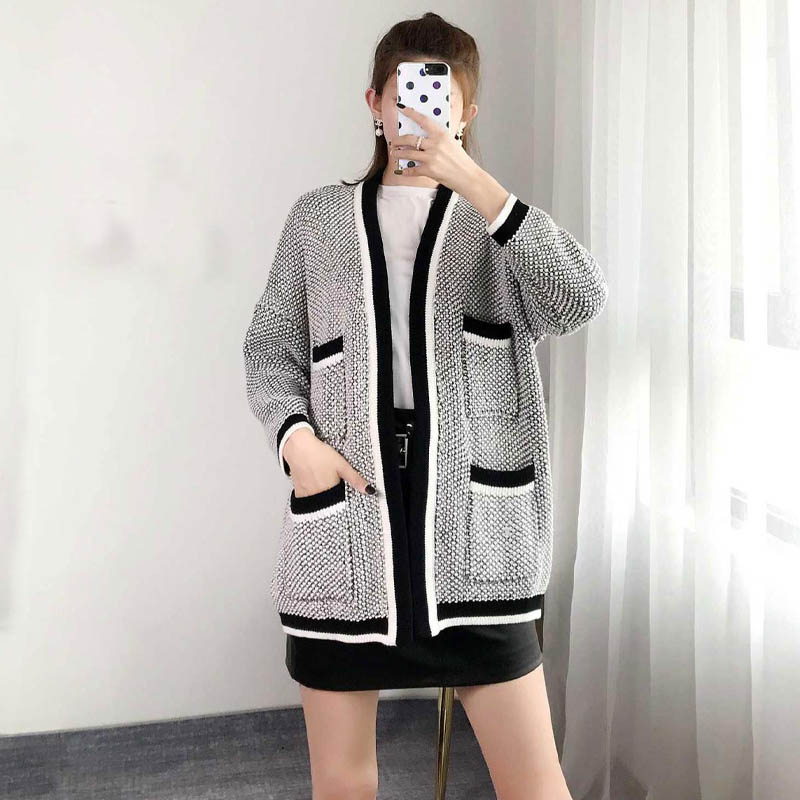 

Spring Color Contrast Front Pocket Looseness Lazy Fashion Sweater Cardigan, Gray