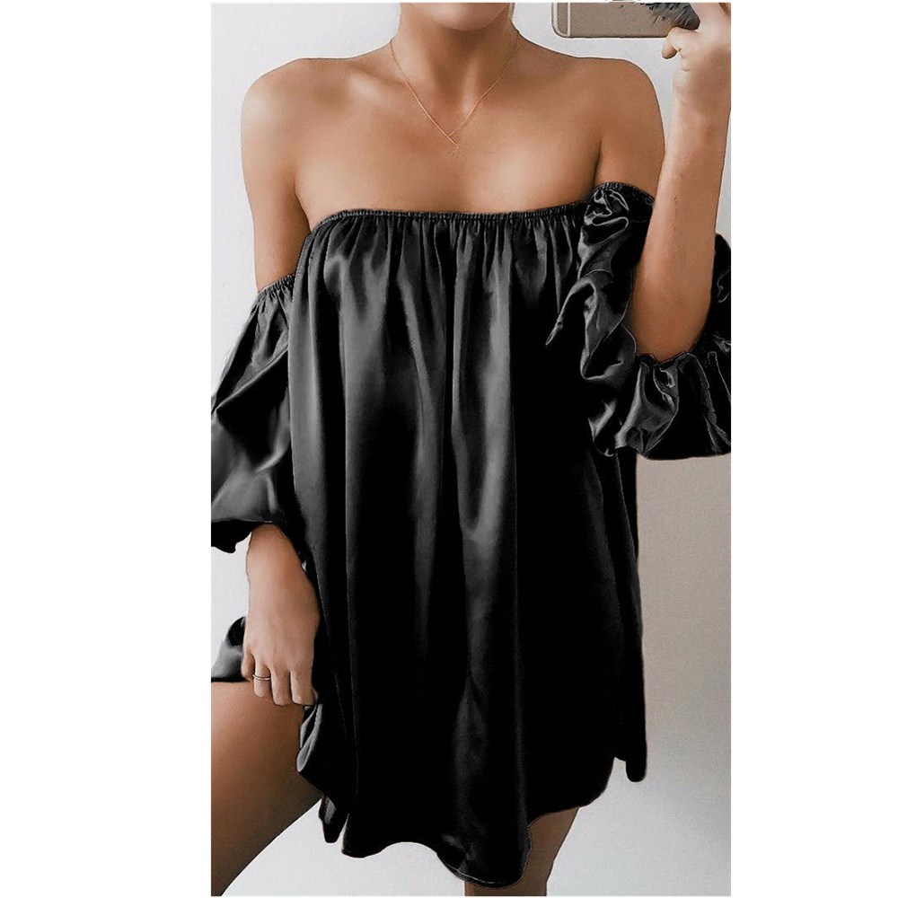 

2019 Women Casual Mini Dress Sexy Club Sexy Strapless Lantern Sleeve Solid Party Club Dresses Loose Beach Dress Female, Black