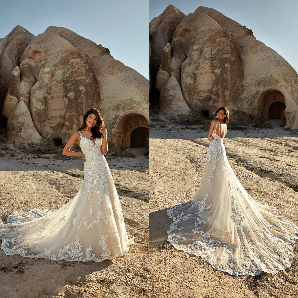 

Eddy K 2021 Wedding Dresses Spaghetti Straps Lace Appliques A-Line Bridal Gowns Custom Made Open Back Sweep Train Wedding Dress, Pink
