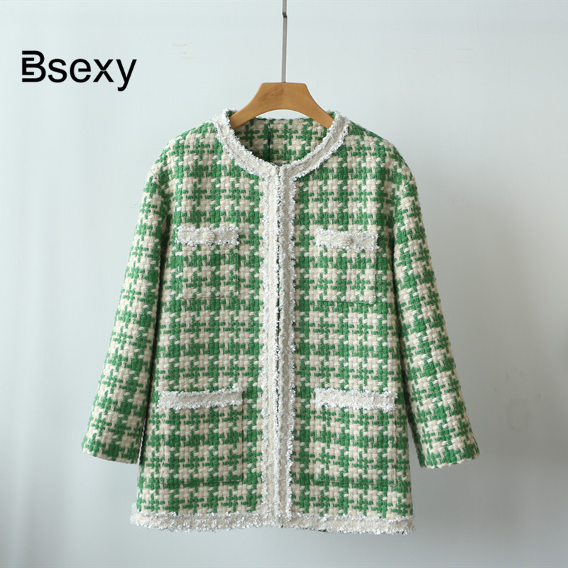 

High-end Winter Coat Women 2019 Luxury Runway Brand Pockets Fringe Avocado Green Plaid Long Tweed Jacket and Coat Outerwear