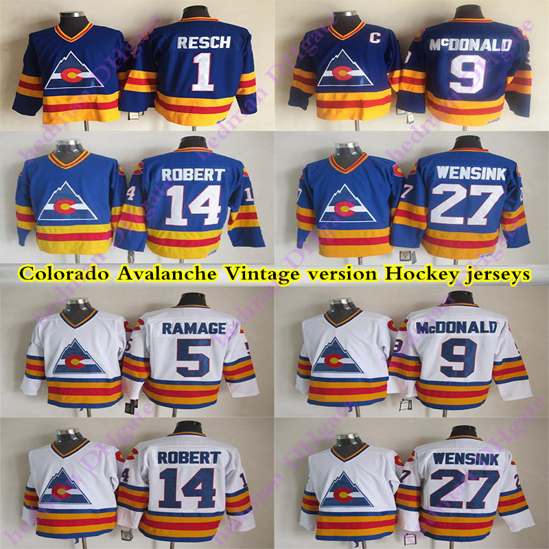 

Men' Colorado Avalanche CCM Vintage jerseys 9 MCDONALD 14 ROBERT 1 RESCH 27 WENSINK 5 RAMAGE Hockey Jersey, Blue