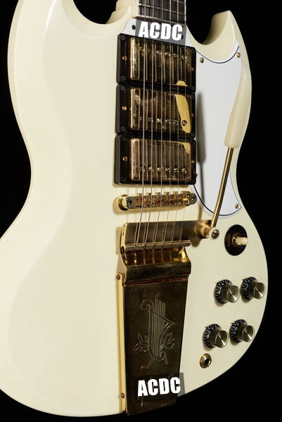 

1963 SG Custom Classic White Electric Guitar Long Version Maestro Vibrola Tremolo Tailpiece & Harpe Logo, 3 Humbucker Pickup, Gold Hardware