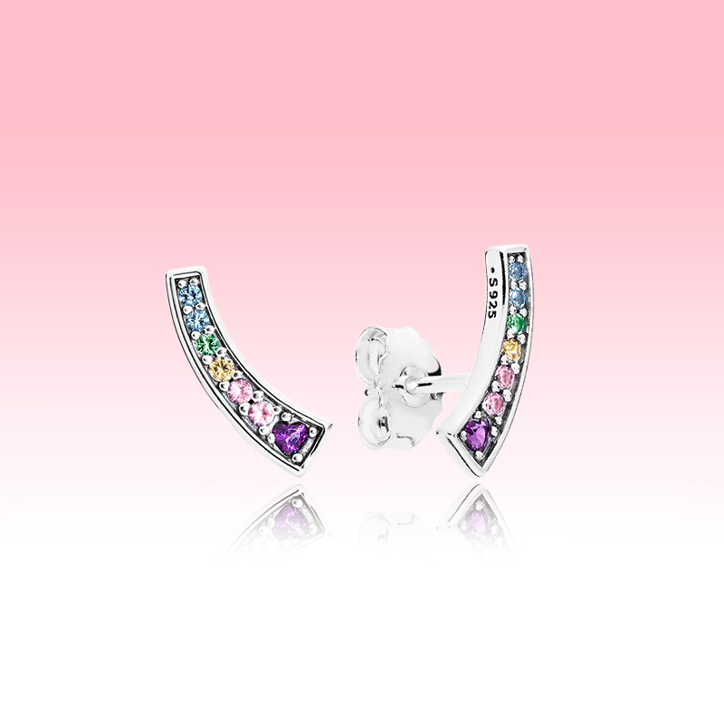 Colorful Diamond rainbow Stud Earrings Authentic 925 Sterling Silver designer Earrings Women Wedding Party Jewelry Crystal earrings with Luxurious R