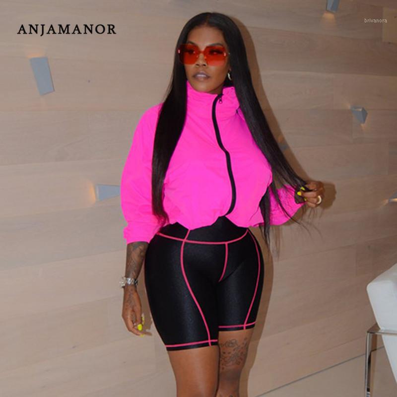 ANJAMANOR Sexy deux pièces ensemble à capuche haut Biker Shorts Streetwear survêtement décontracté femmes costume de sport grande taille tenues D