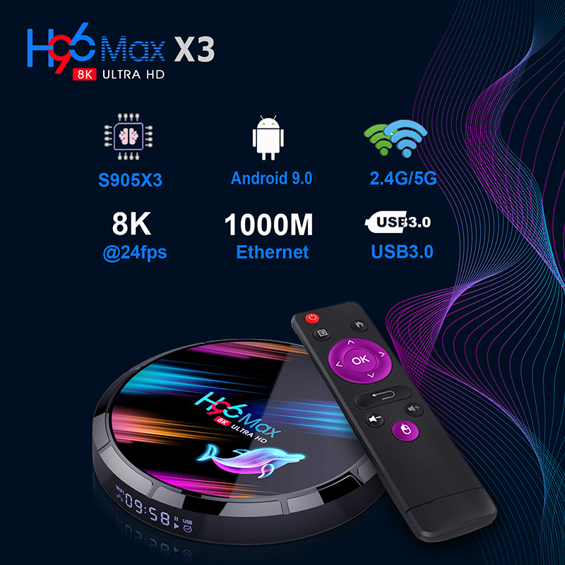 

H96 MAX X3 Android 9.0 TV BOX Amlogic S905X3 4GB 128GB 2.4G 5G WiFi BT 1000M Lan 8K Set top Box