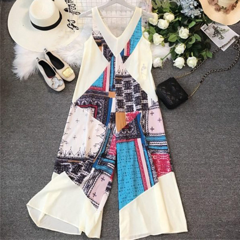 

Print Wide Leg Beach Women' Jumpsuits Sleeveless V Neck Bohemian Jumpsuit Zipper Summer 2020 Loose Casual Holiday Rompers Lady, As photo