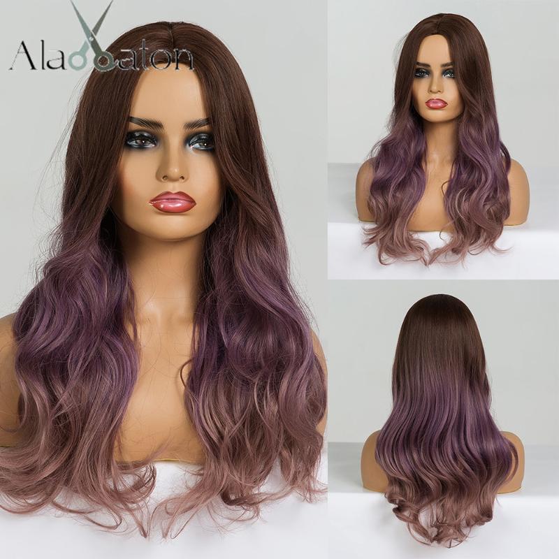 

ALAN EATON Long Wavy Cosplay Wig Brown Purple Ombre Synthetic Hair Wigs Heat Resistant Fiber Middle Part Wigs for Black Woman, Lc237-1