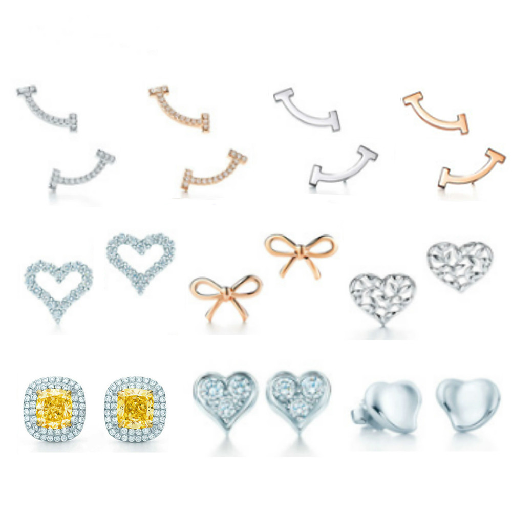 NEW 100% 925 Silver Heart Shape Stud Tiff Earrings Smile Stud Zircon Rose Gold 18K Gold Jewelry Match World Jewelry Gift