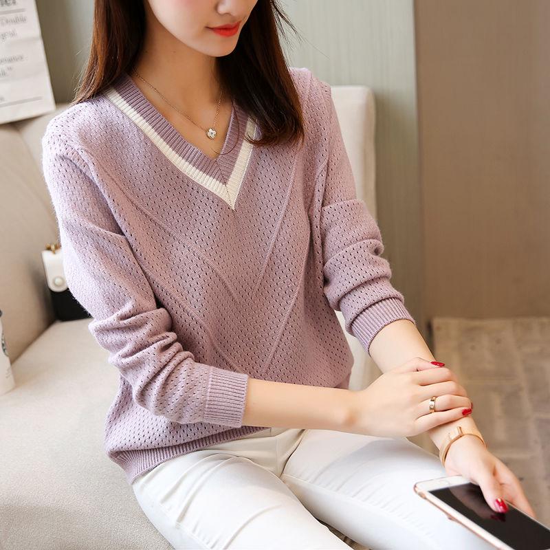 

Plus Size Winter Women Sweater Pullover Long Sleeve Bottoming Hollow Shirt Spring and Autumn Loose V-neck Sweater, Black