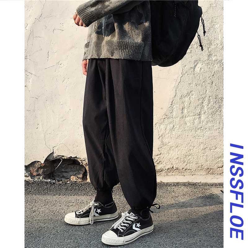 

Autumn and Winter all-match casual pants Korean style plus velvet thickened pants men's Hong Kong style ins fashion loose rope, Black