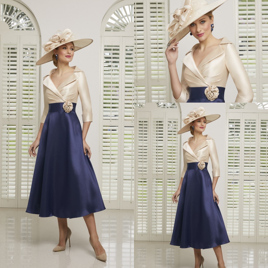 

Tea Length Mother Of The Bride Dresses A Line V Neck Formal Wedding Guest Dress Custom Made Satin Plus Size Mother Evening Gowns