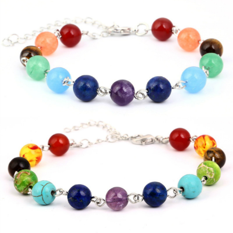 

Beaded, Strands Natural Crystal Stone Round Beads String 7 Chakra Bracelet Lapis Lazuli Tiger Eye Opal Energy