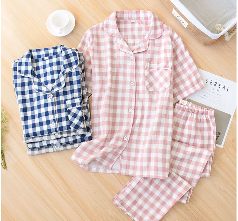 

Womens Men Couple pajamas sleepwear Plaid pajama set women cotton pyjamas Summer Loose pijamas women short Sleeve Plaid sleepwe, Women gray
